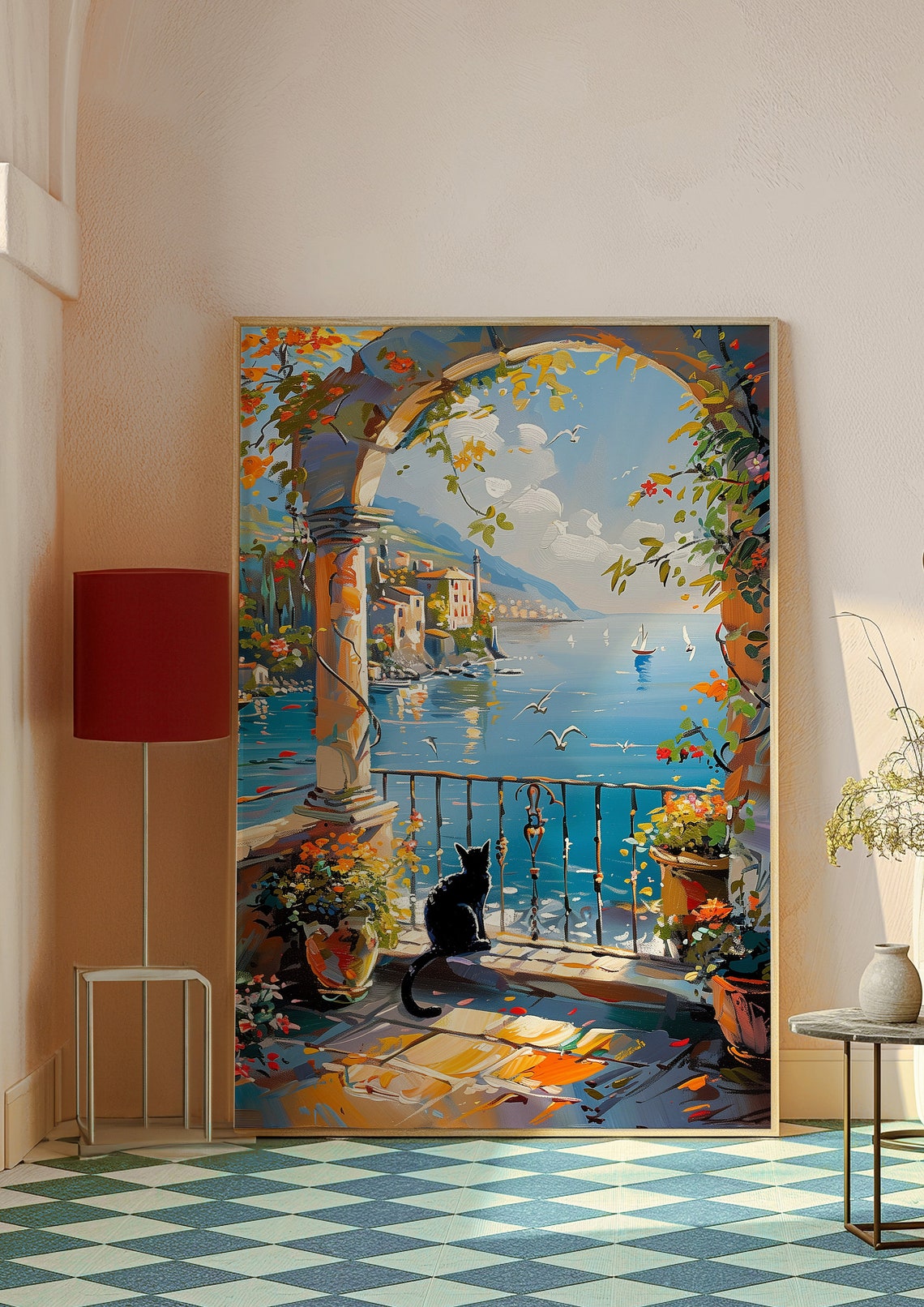 Black Cat Sitting on a Sunny Terrace Overlooking the Blue Sea Poster - Image 6