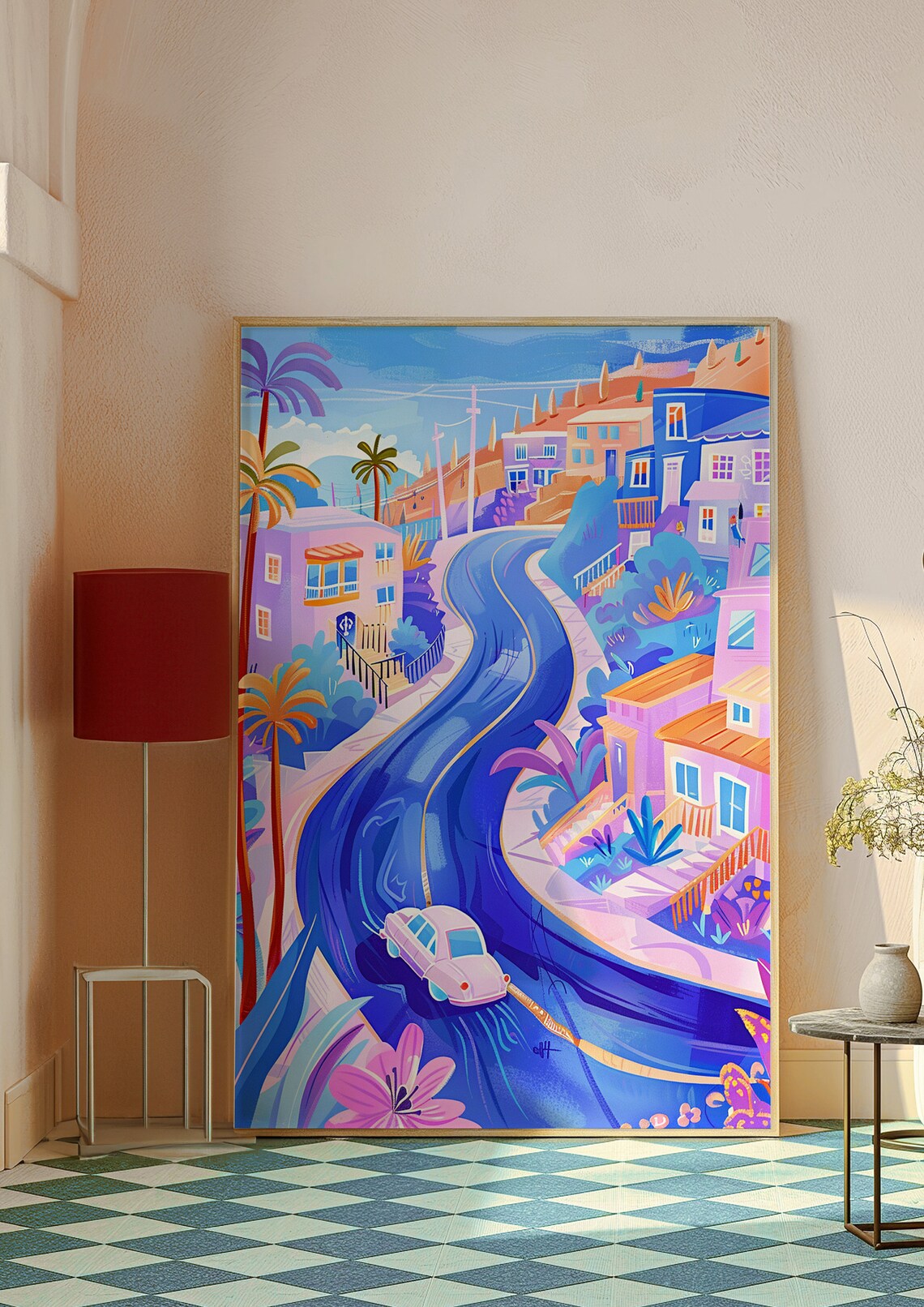 Winding Blue Coastal Road Pink Classic Car Hillside Travel Poster - Image 7