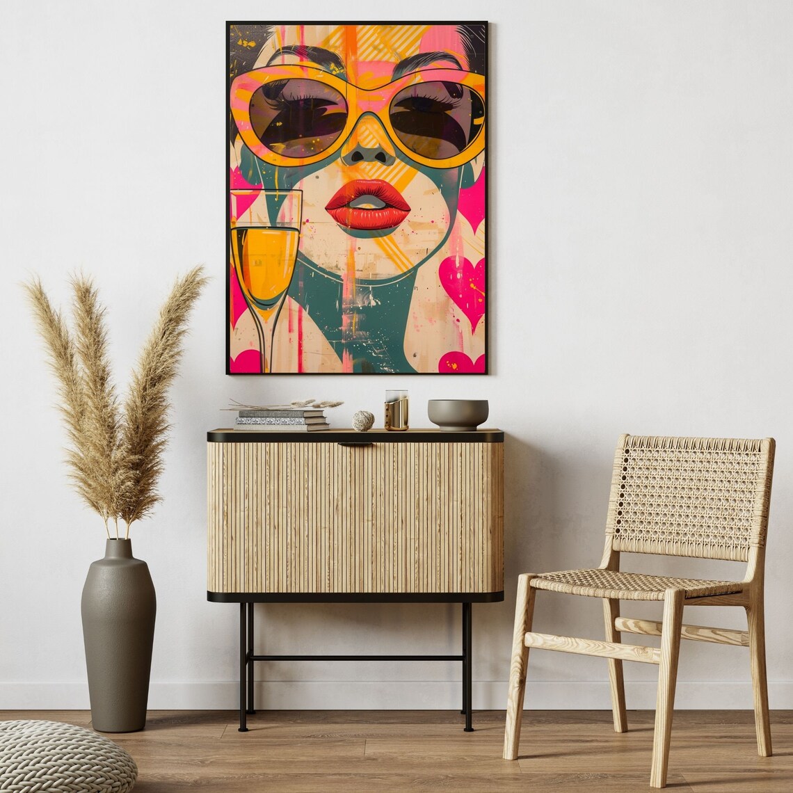 Pop Art Woman With Sunglasses And Cocktail Poster In Pink Hearts - Image 7