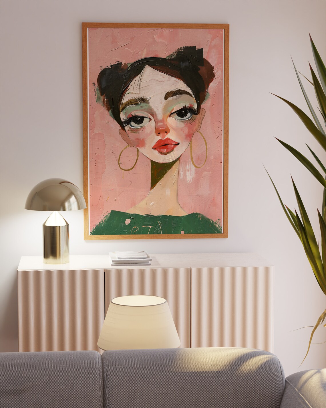 Whimsical Woman Portrait with Gold Hoop Earrings on Pink Poster - Image 8