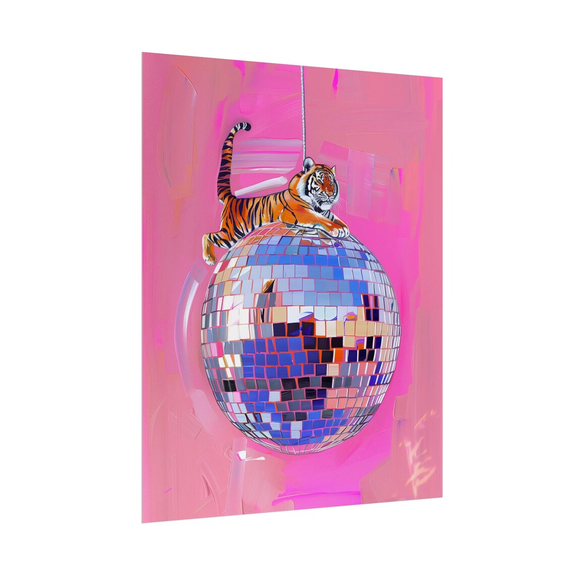 Tiger Lounging on Top of Giant Disco Ball Pink Maximalist Animal Poster - Image 4