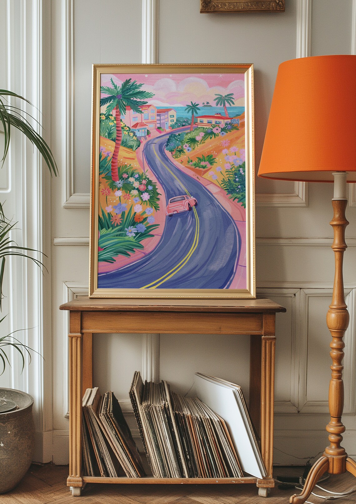Coastal Road Drive Pink Vintage Car Palm Trees Seaside Travel Poster - Image 5