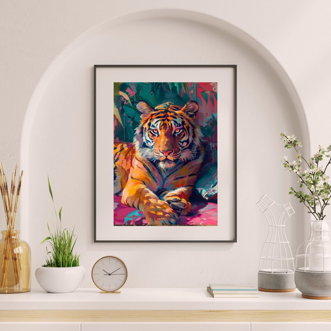Colorful Tiger Lounging In Jungle Pop Art Poster Teal And Pink - Image 4