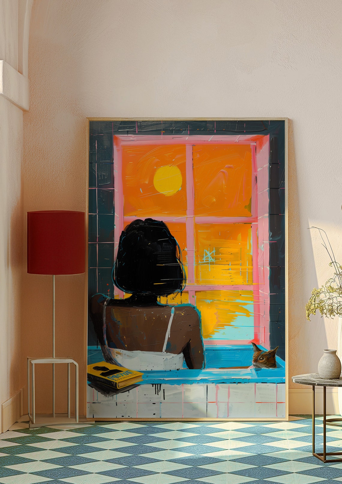 Woman Relaxing In Bath With Cat Sunset Window View Art Poster - Image 6