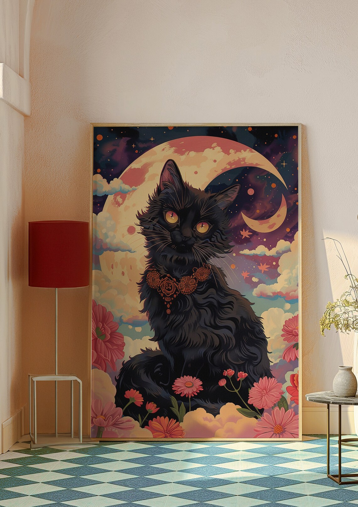 Mystical Black Cat Moonlit Sky Floral Fantasy Animal Wall Art - Image 6