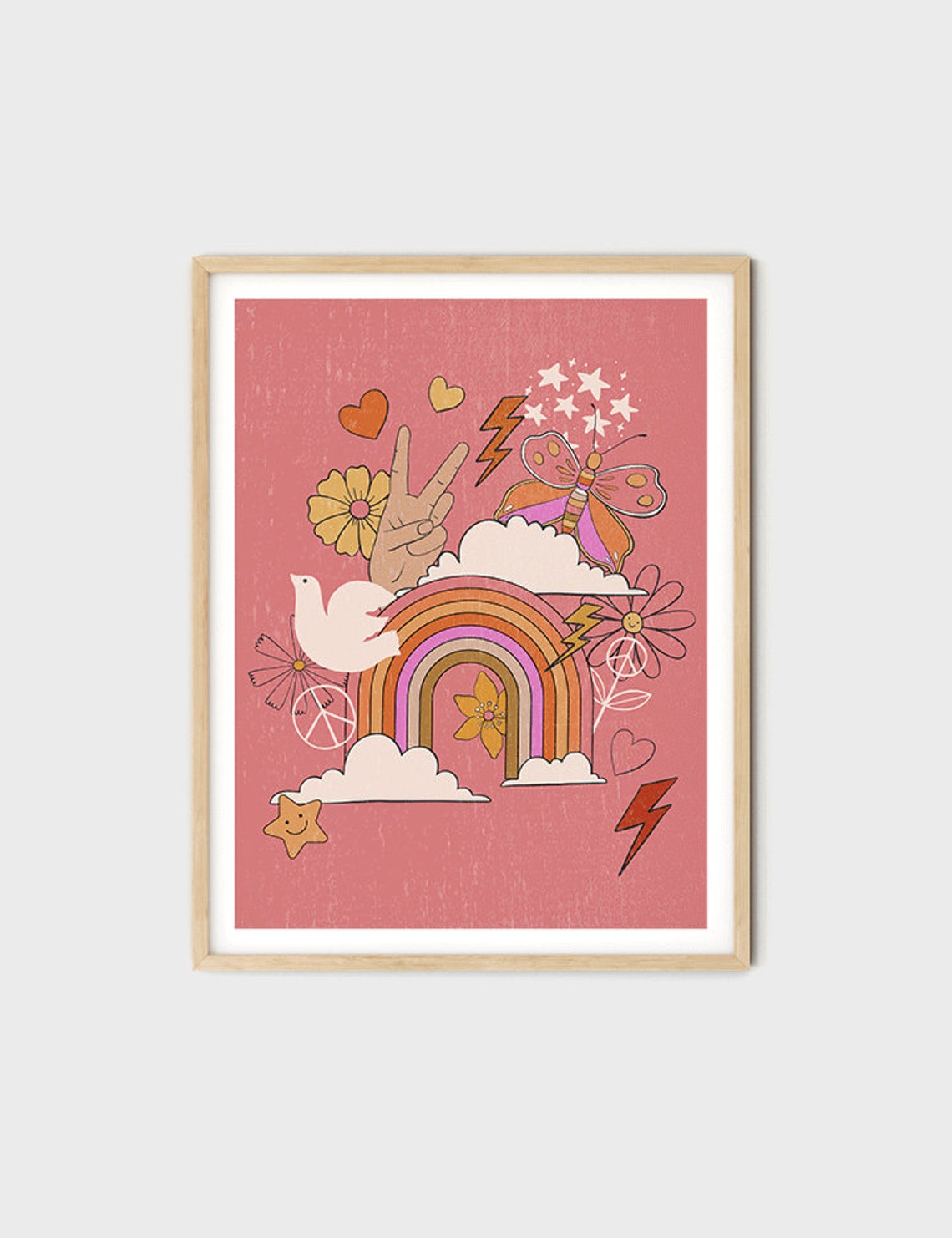 Pink Hippie Doodle Collage Rainbow Peace Flowers 70s Art Poster - Image 2