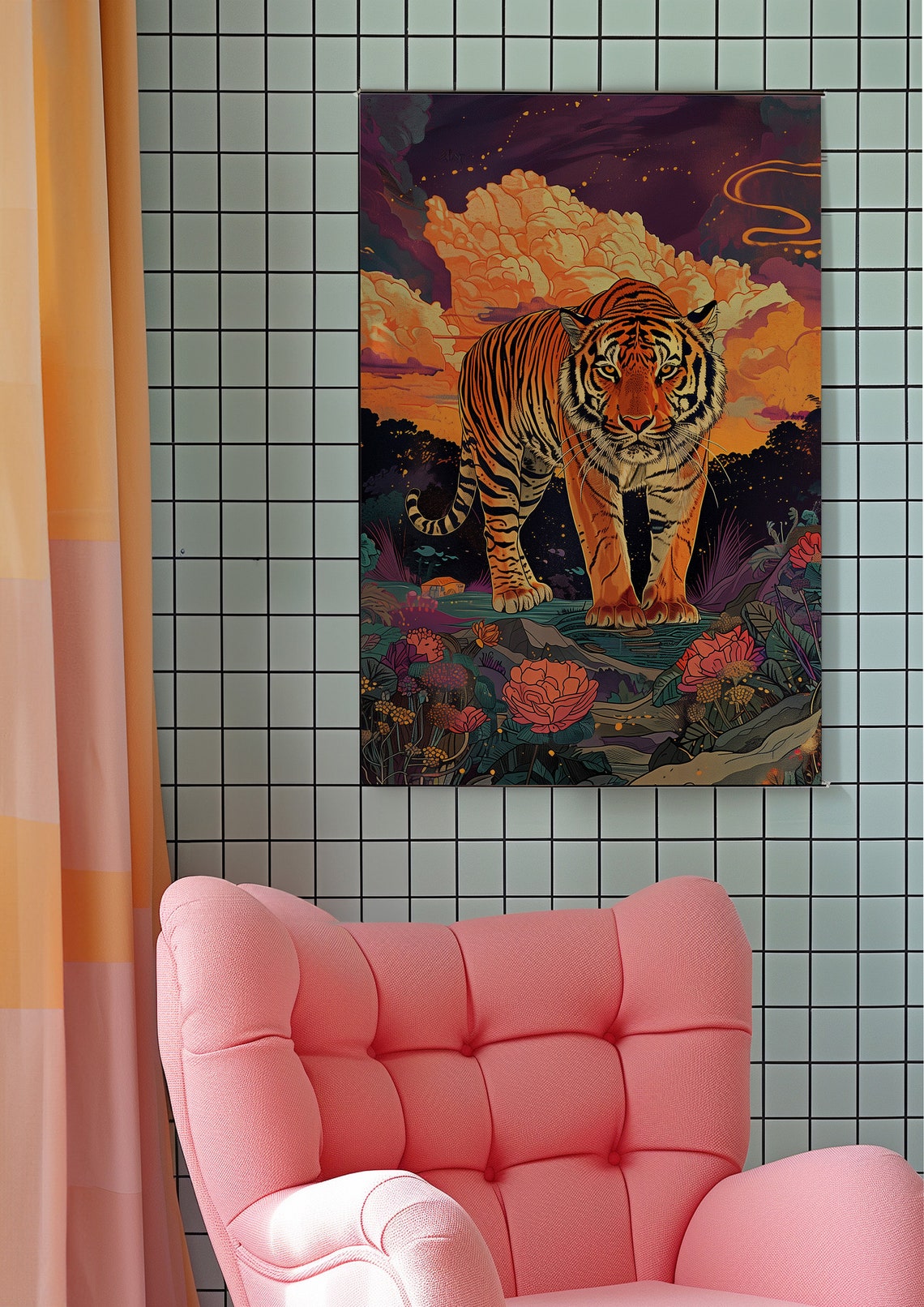 Tiger Walking Through a Vibrant Night Jungle with Flowers Poster - Image 7