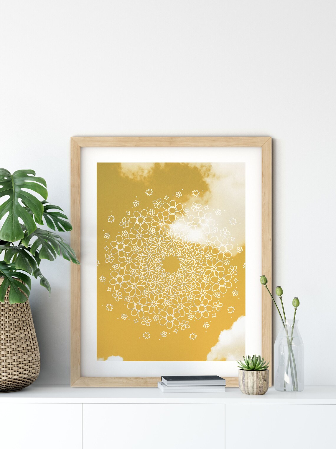 Mustard Yellow Daisy Circle Mandala Line Art Boho Spirit Wall Poster - Image 6