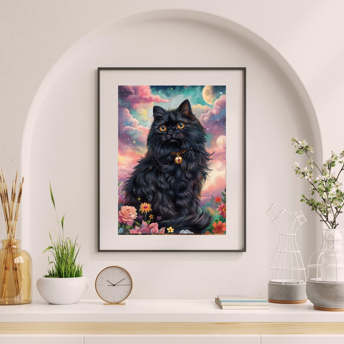 Fluffy Black Cat Fantasy Poster With Gold Collar In Flower Meadow - Image 6