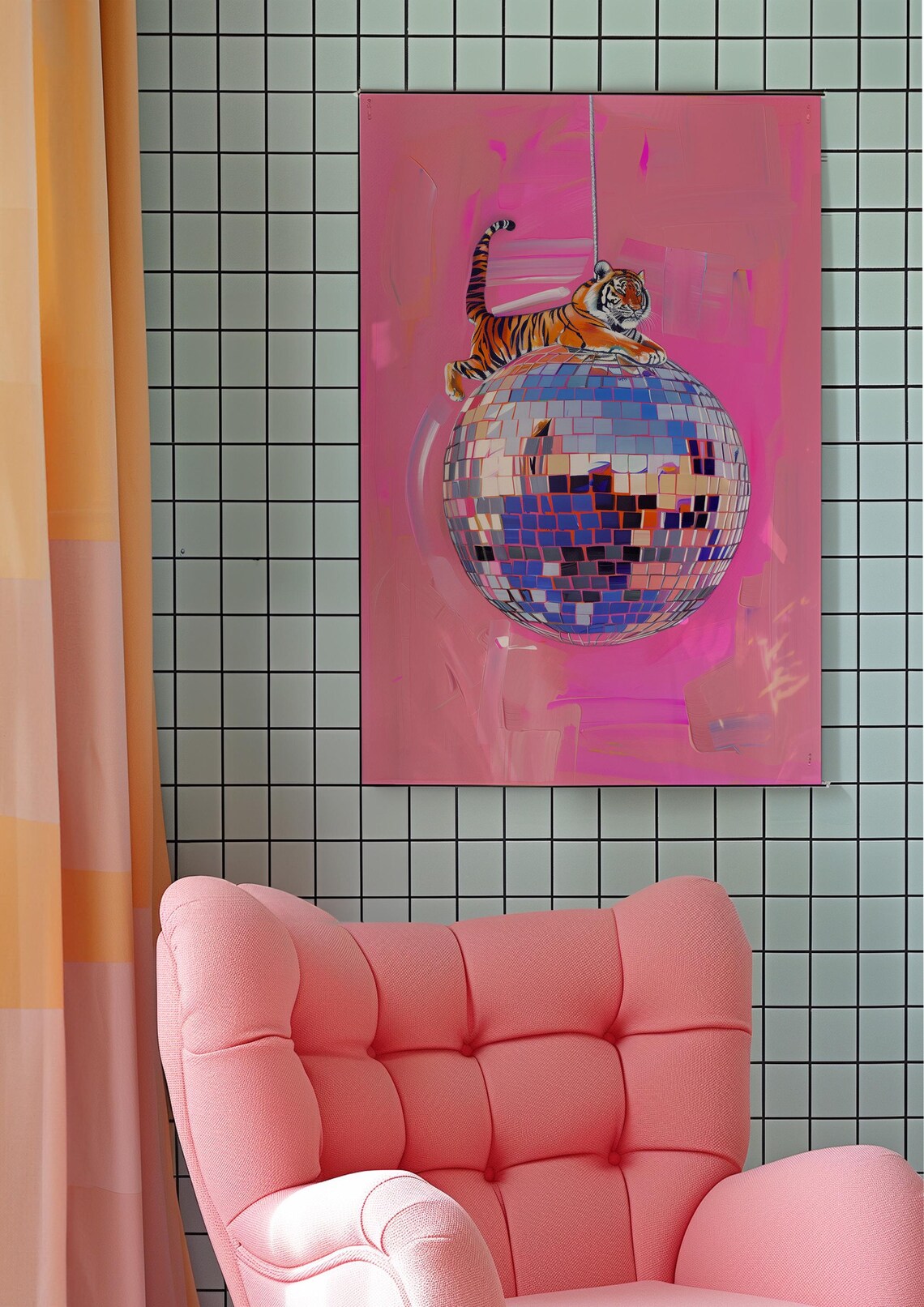 Tiger Lounging on Top of Giant Disco Ball Pink Maximalist Animal Poster - Image 7