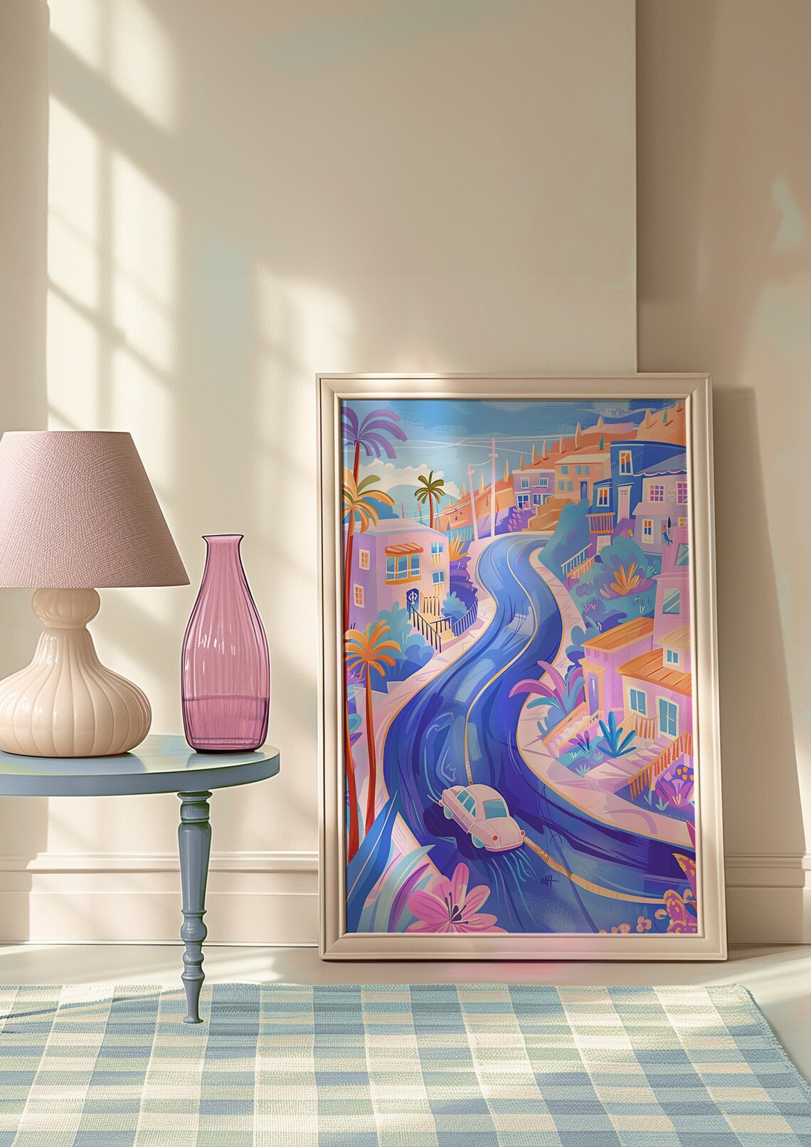 Winding Blue Coastal Road Pink Classic Car Hillside Travel Poster - Image 9