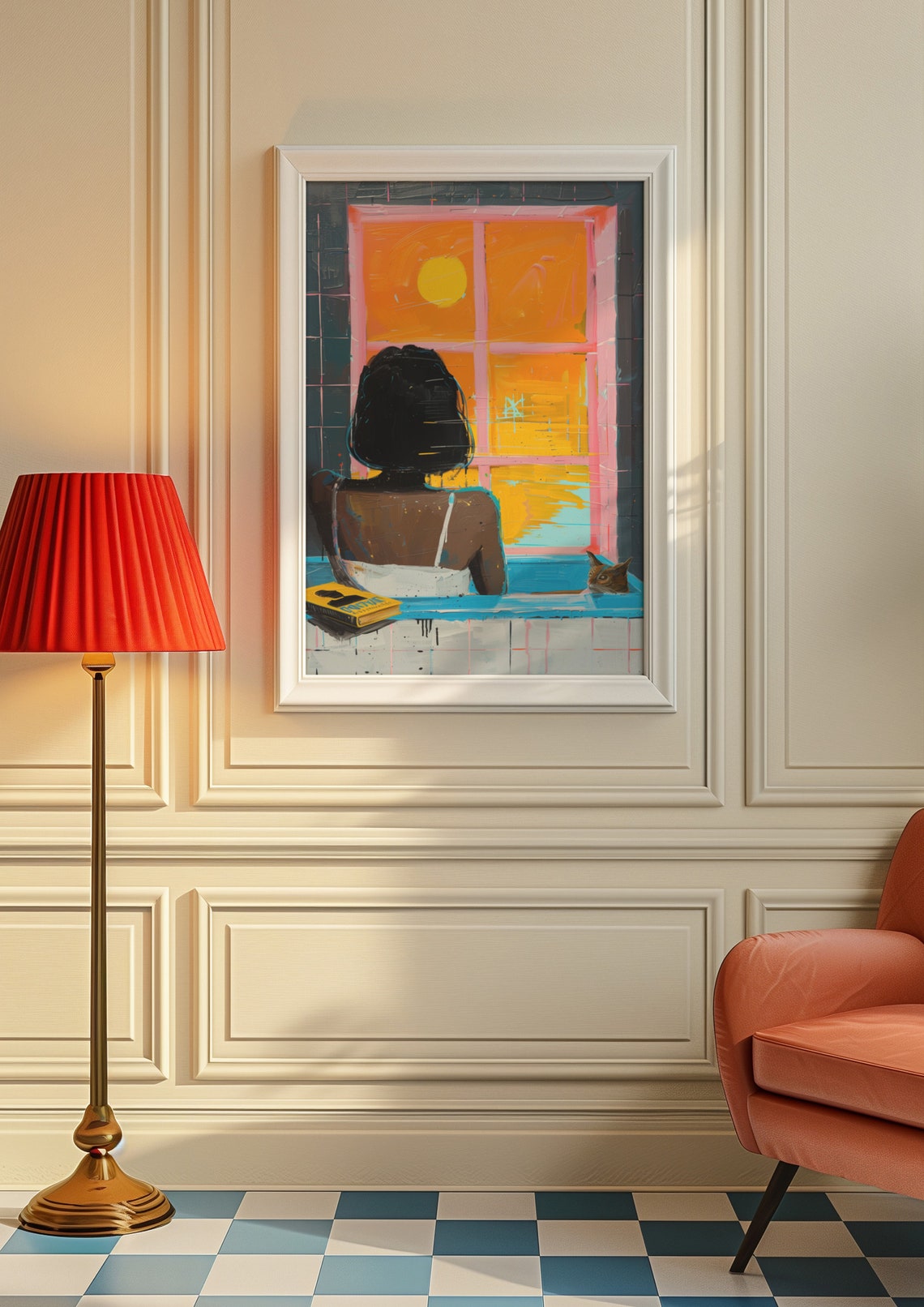 Woman Relaxing In Bath With Cat Sunset Window View Art Poster - Image 8