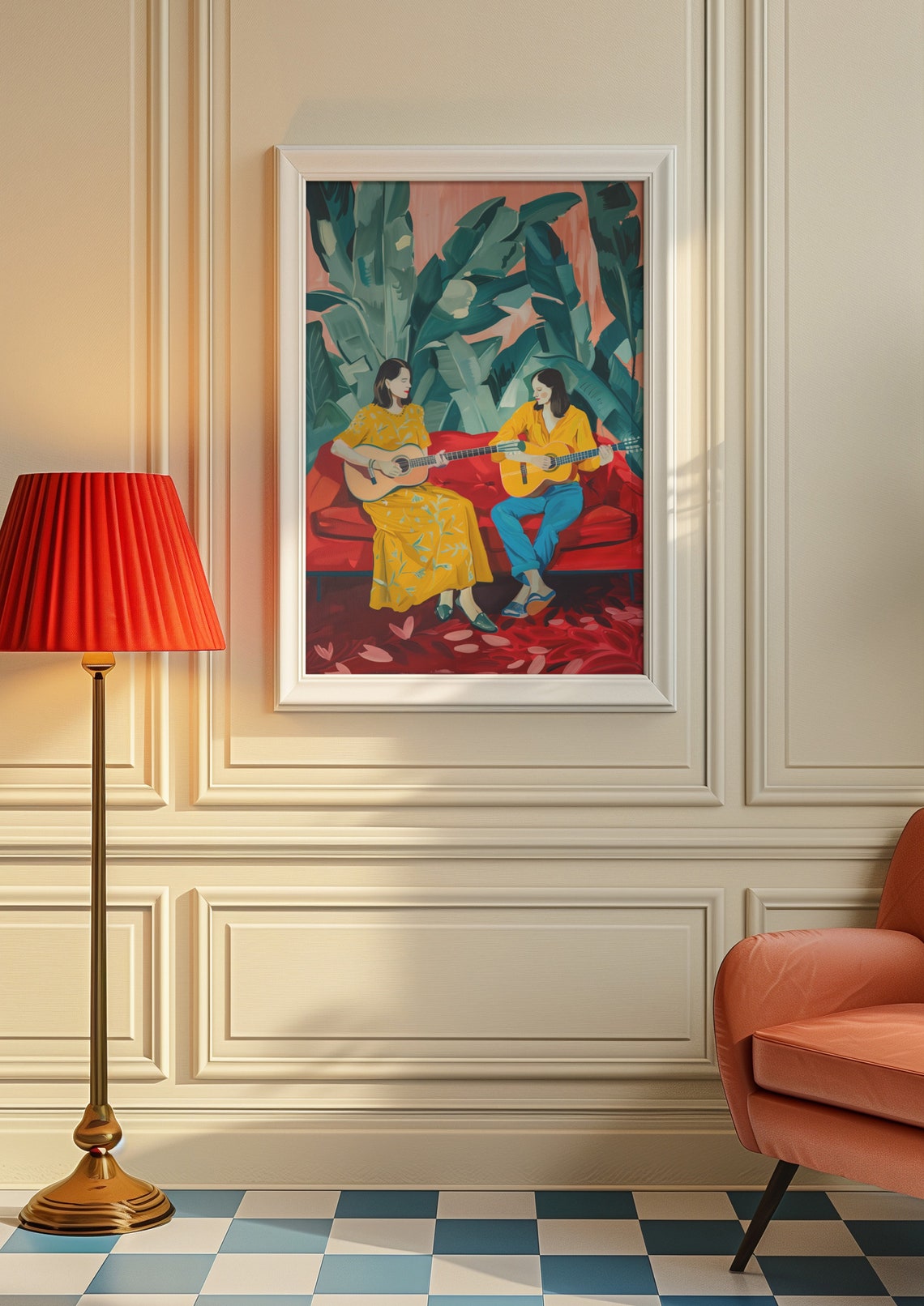 Two Women Playing Guitars Red Sofa Botanical Music Art Print - Image 6