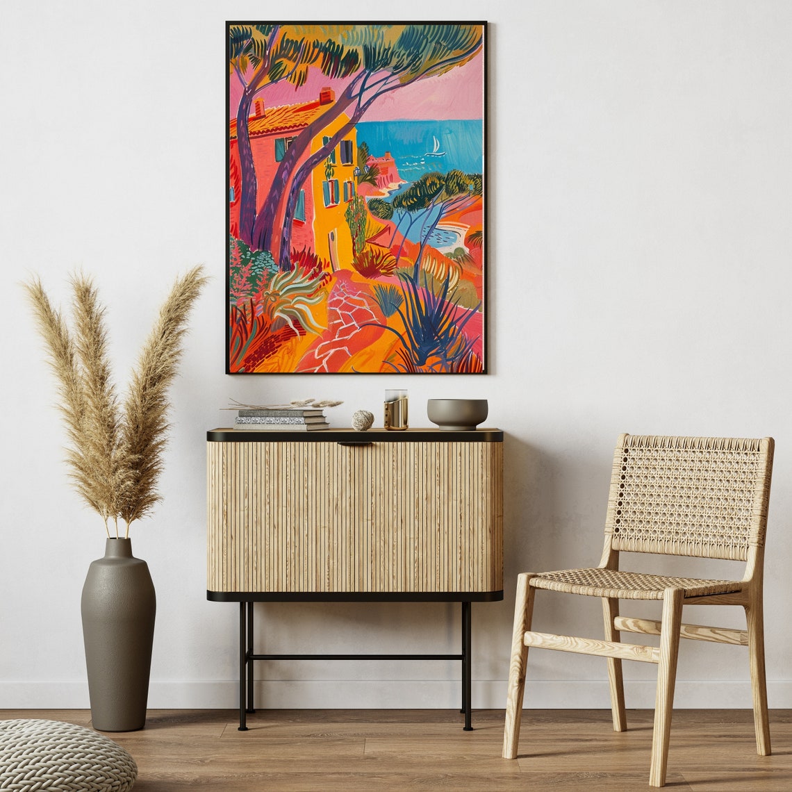 Vivid Sunset Coastal House with Pine Trees Overlooking Sea Poster - Image 5