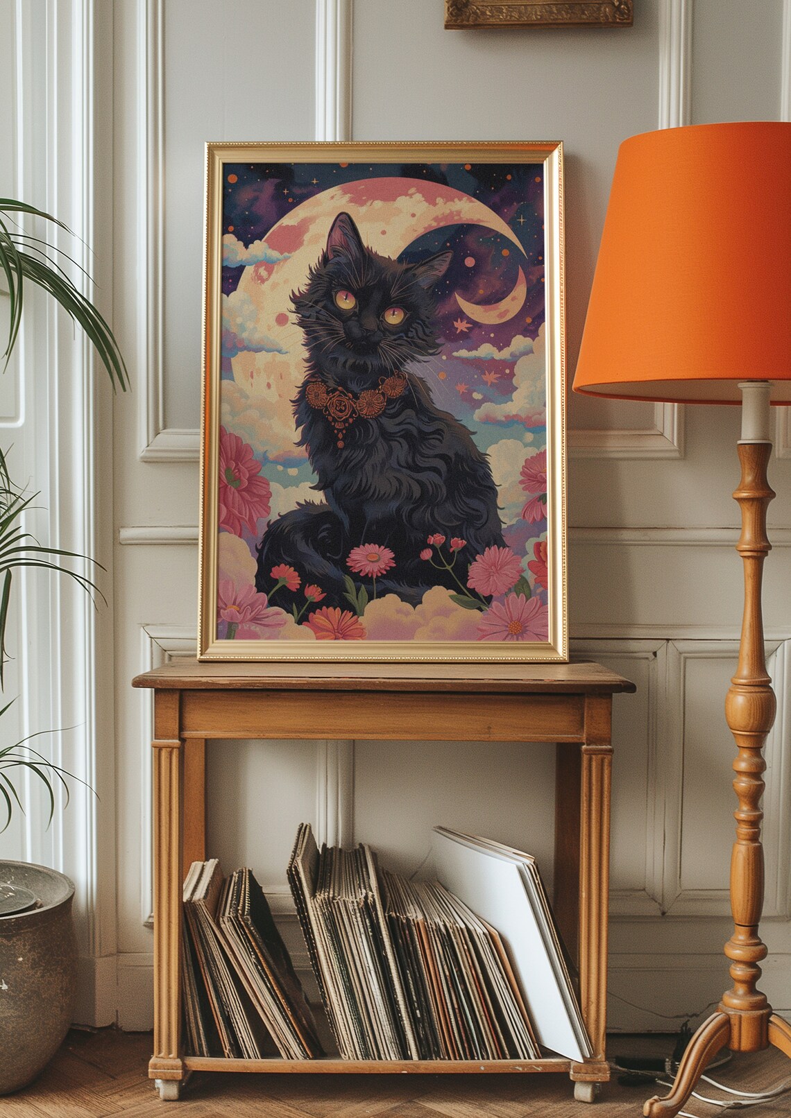 Mystical Black Cat Moonlit Sky Floral Fantasy Animal Wall Art - Image 2