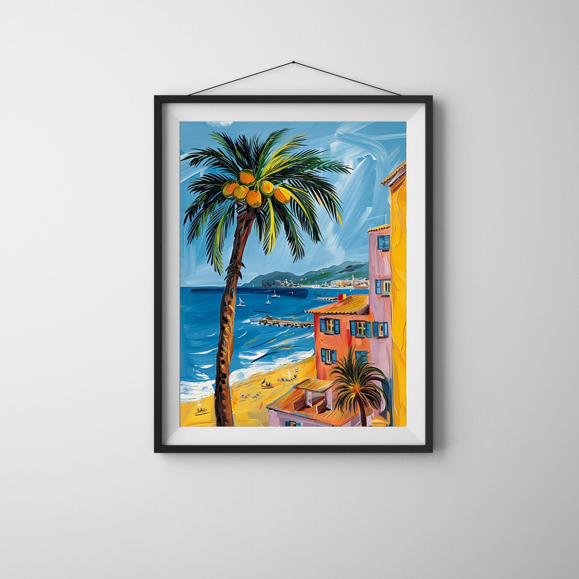 Tall Palm Tree Overlooking a Colorful Beach and Sailboats Poster - Image 4