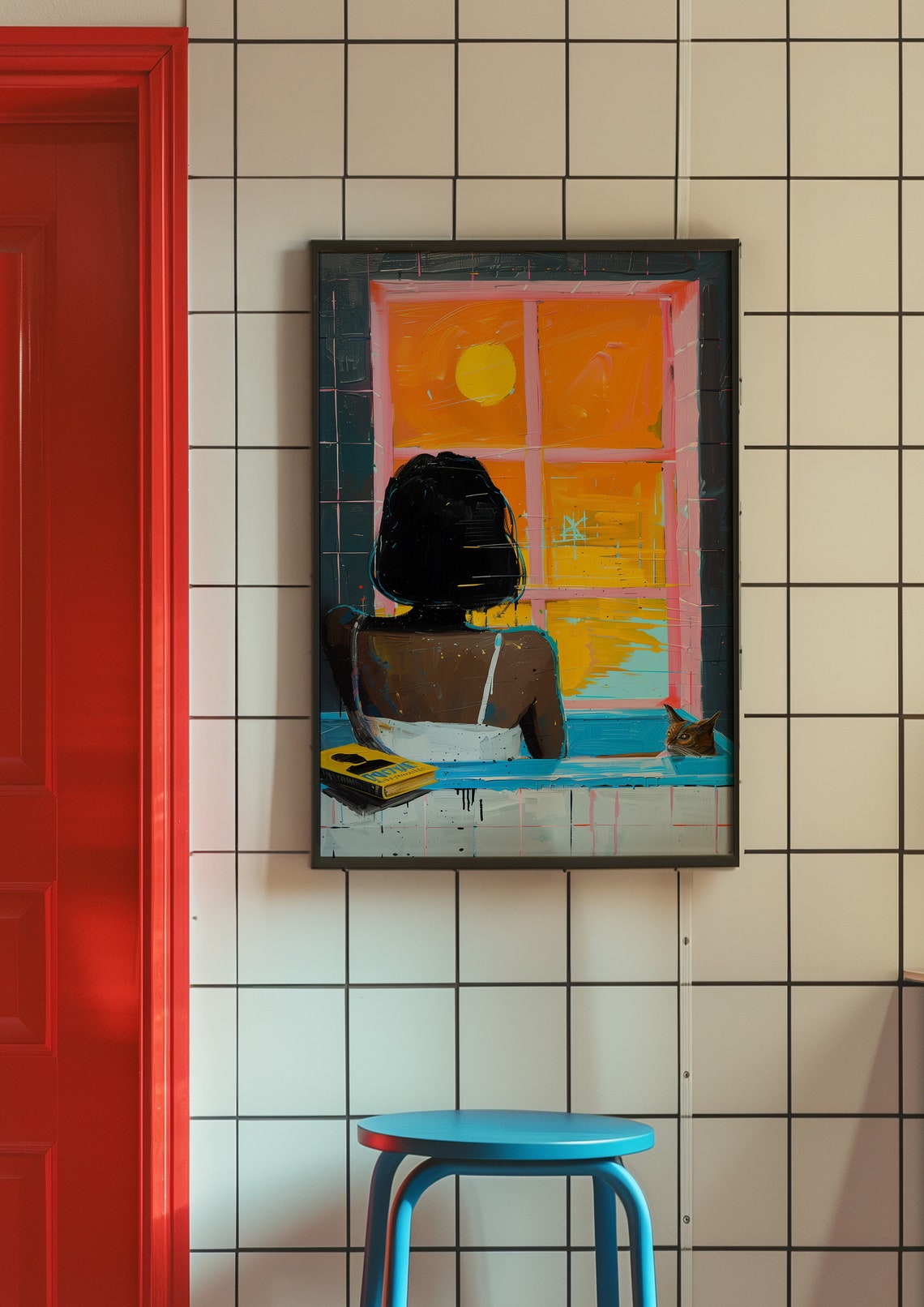 Woman Relaxing In Bath With Cat Sunset Window View Art Poster - Image 3
