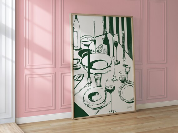 Green Ink Dinner Table Sketch Wine Glasses Classic Kitchen Poster