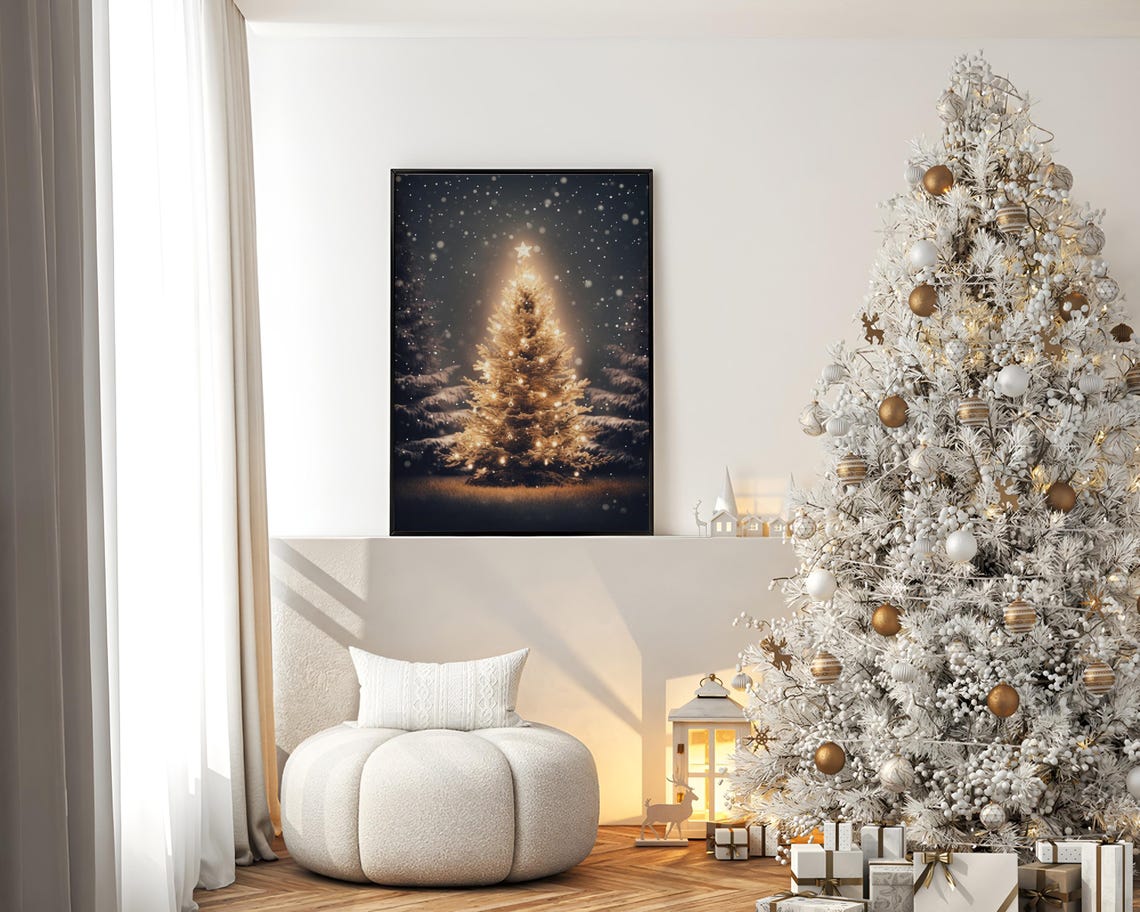 Glowing Christmas Tree With Star Falling Snow Night Glow Poster - Image 2