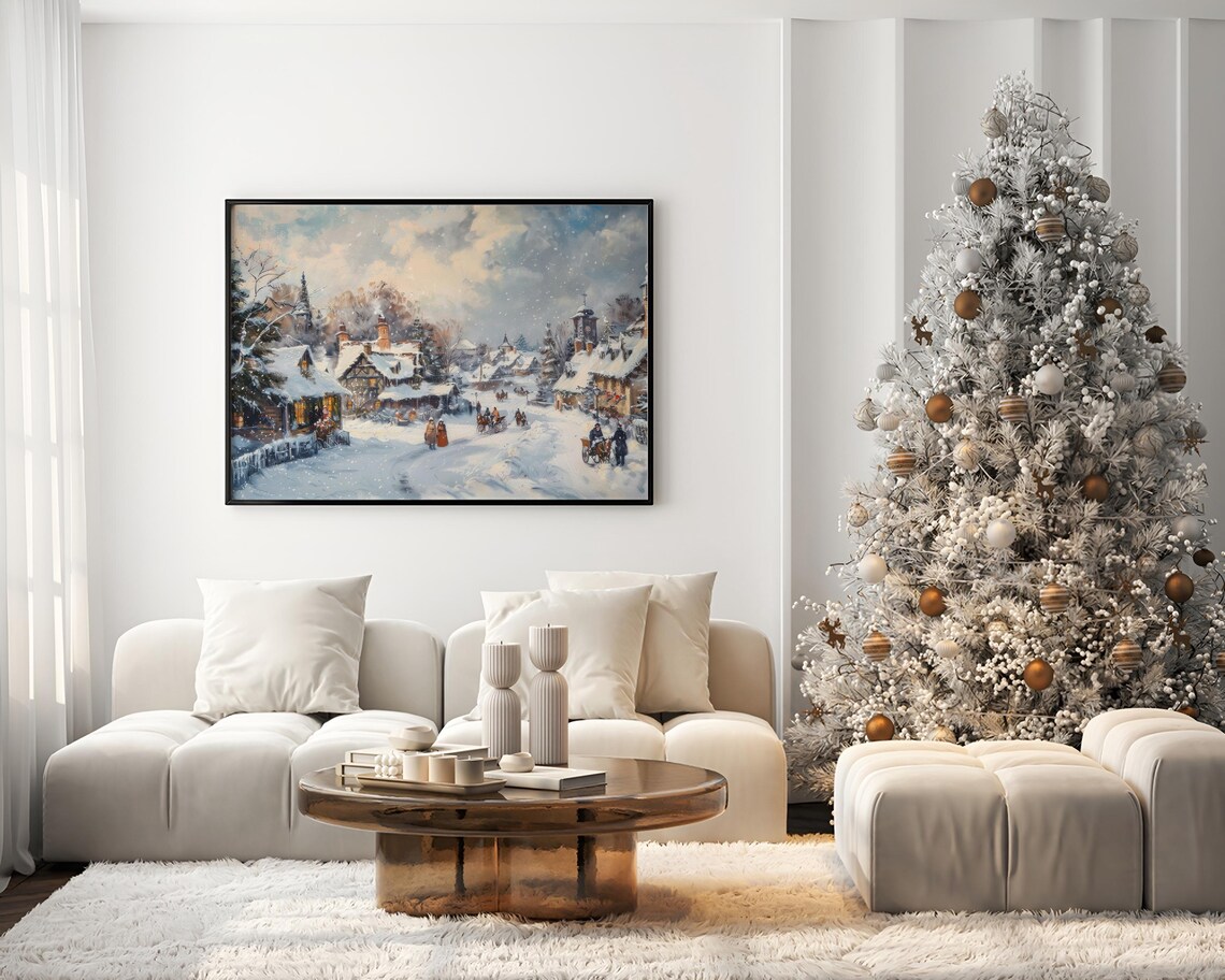 Snowy Christmas Village Horse Carriage Winter Wonderland Poster - Image 3