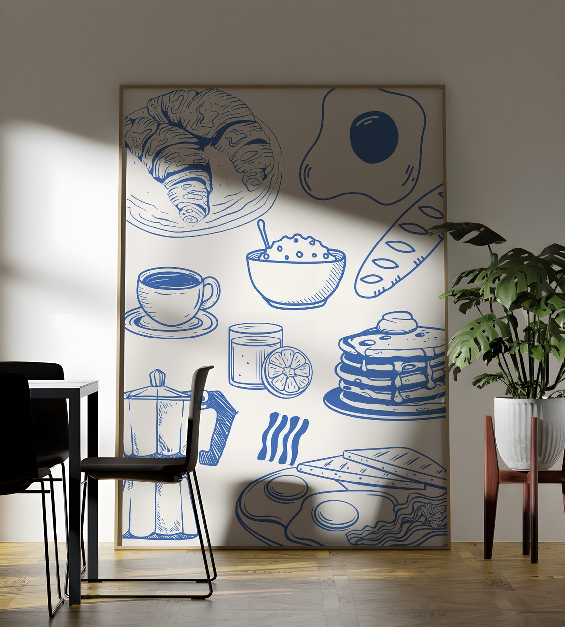 Blue Line Art Breakfast Spread Coffee Croissant Kitchen Poster - Image 2