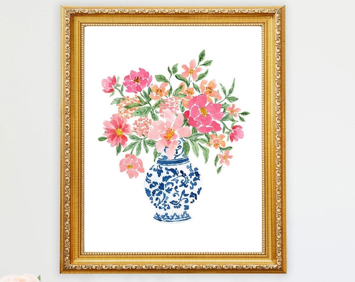 Peony Bouquet Watercolor Art Print, Grand Millennial