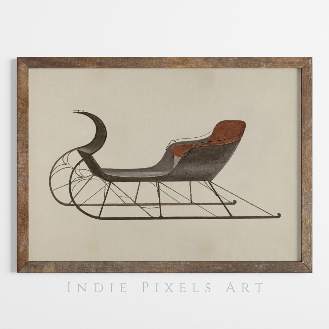 Antique Horse Drawn Sleigh Illustration Vintage Christmas Wall Art