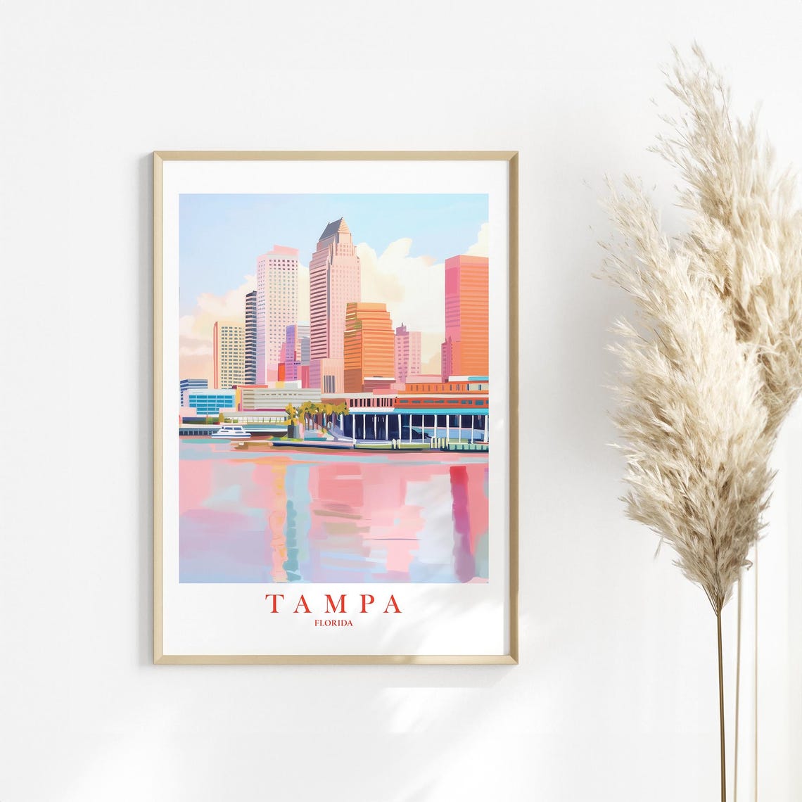 Tampa Florida Skyline Waterfront Pastel Cityscape Travel Poster