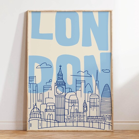 London Skyline Line Art Big Ben Gherkin Blue Modern City Travel Art Poster
