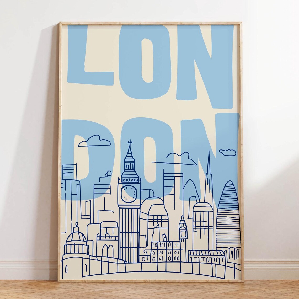 London Skyline Line Art Big Ben Gherkin Blue Modern City Travel Art Poster