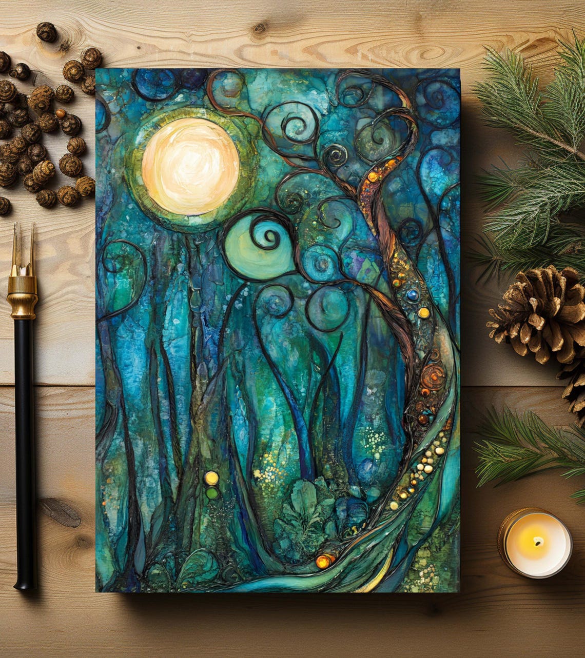 Mystical Teal Moonlit Forest Alcohol Ink Nature Journal Art Print - Image 4