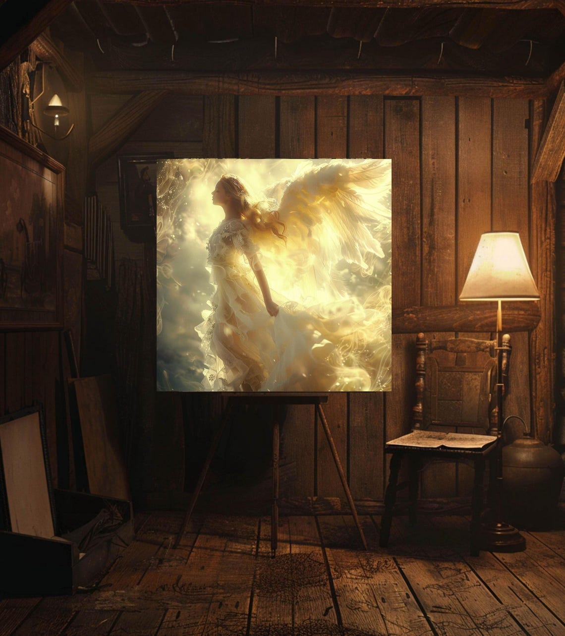 Radiant Golden Angel in Heavenly Light Ethereal Wings Art Poster
