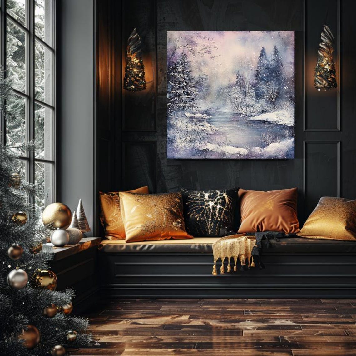 Serene Snowy Winter Forest with Frozen River Pastel Morning Poster - Image 3