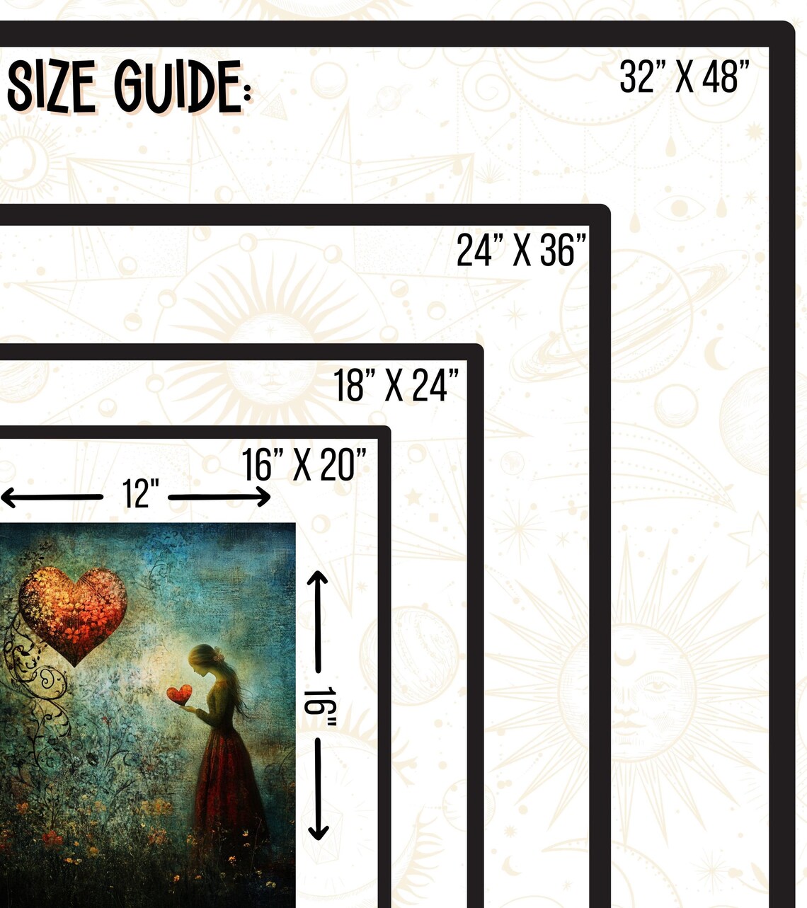 Whimsical Woman Holding Heart with Giant Floral Heart Love Art Poster - Image 2