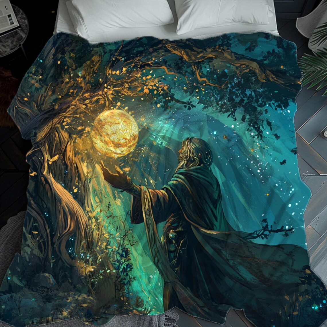 Mystical Wizard Holding Glowing Golden Orb Teal Blanket Fantasy Print - Image 2