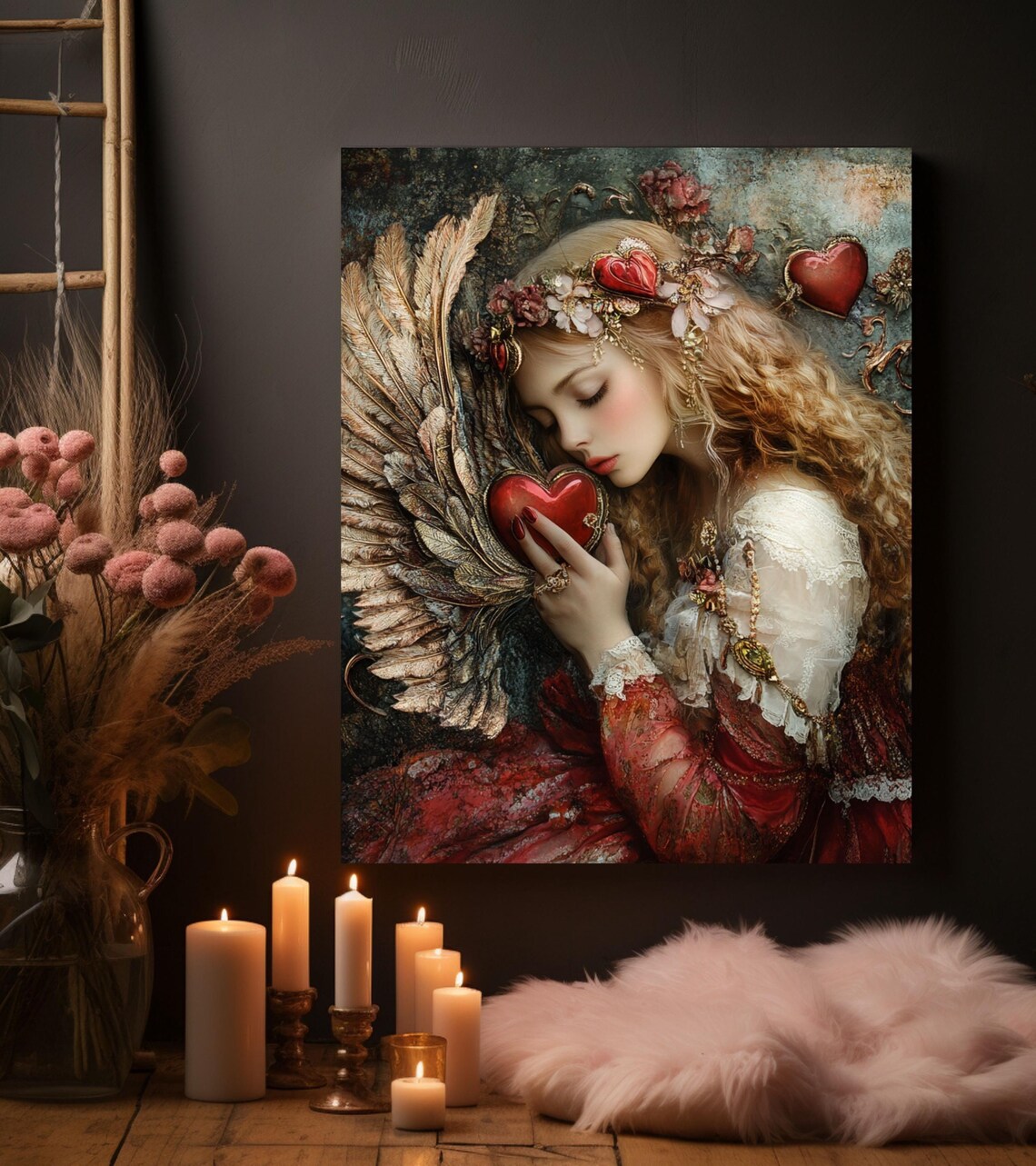 Victorian Angel Woman Holding Red Heart Valentine Goddess Art Poster - Image 4