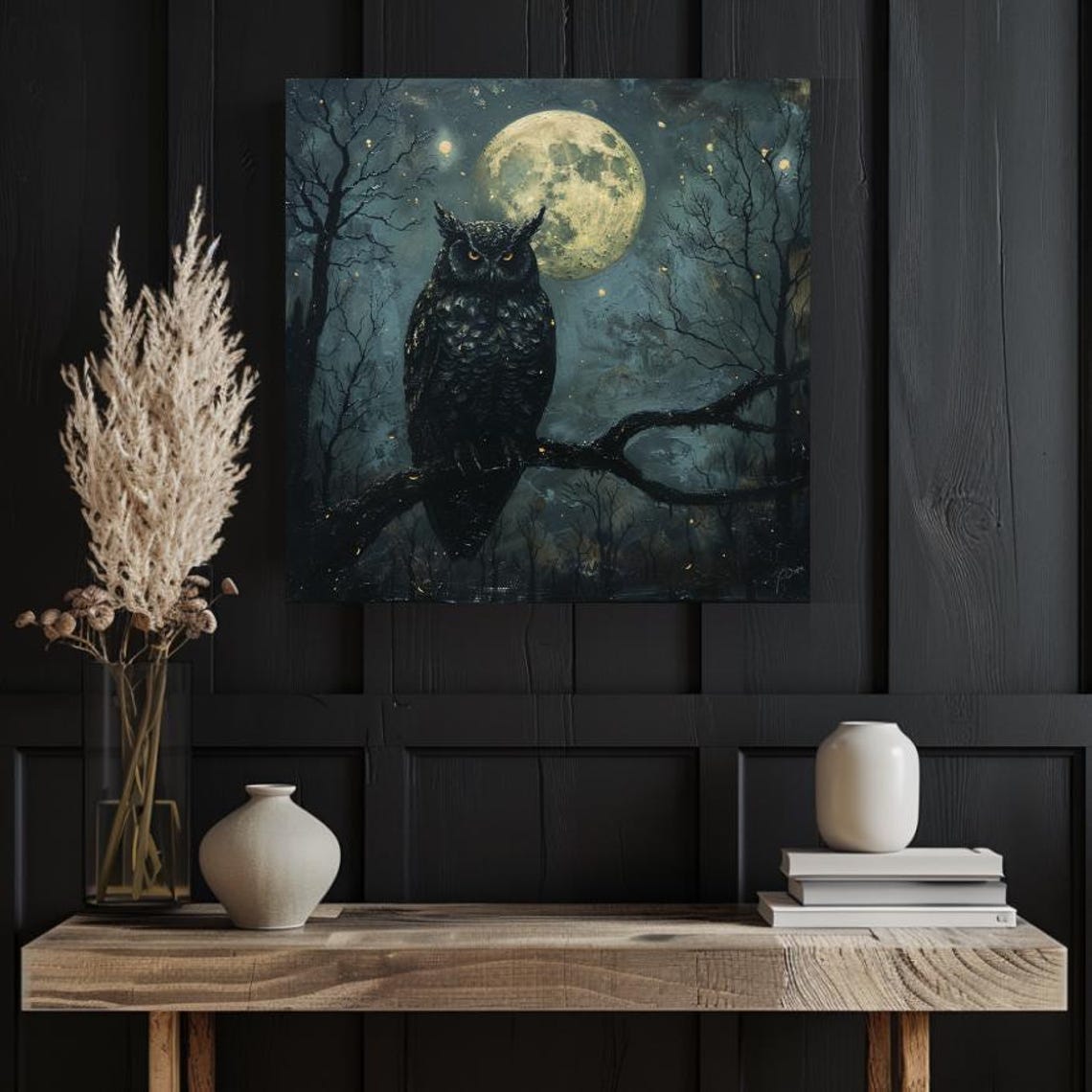 Black Owl Perched Before Full Moon Gothic Night Forest Art Poster - Image 2