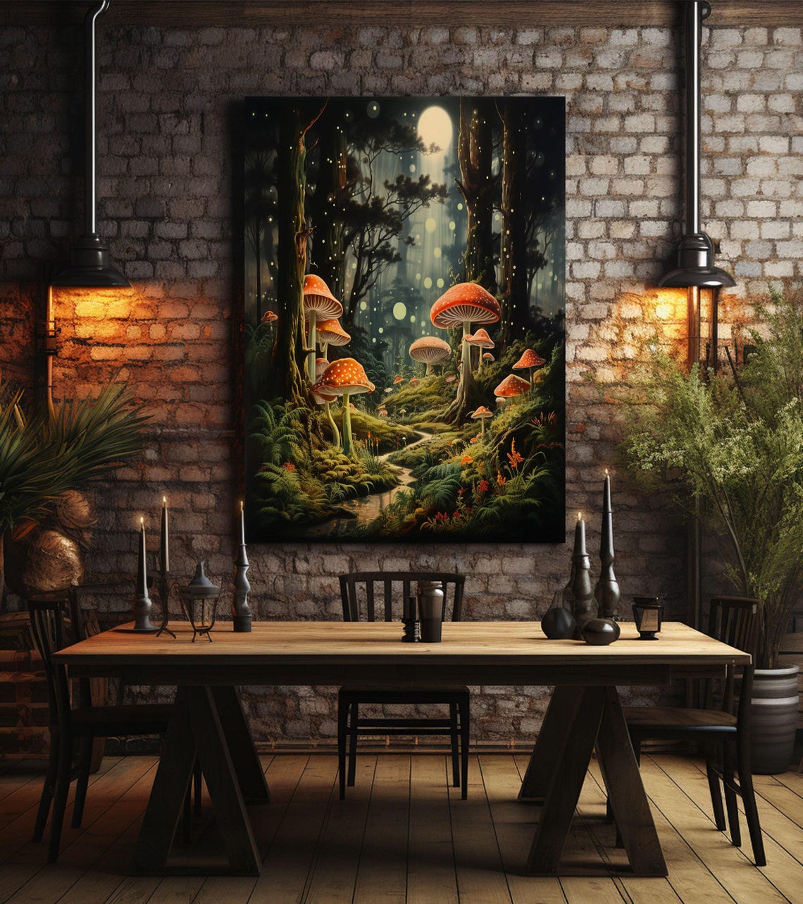 Moonlit Enchanted Mushroom Forest with Fireflies Fantasy Art Poster - Image 2