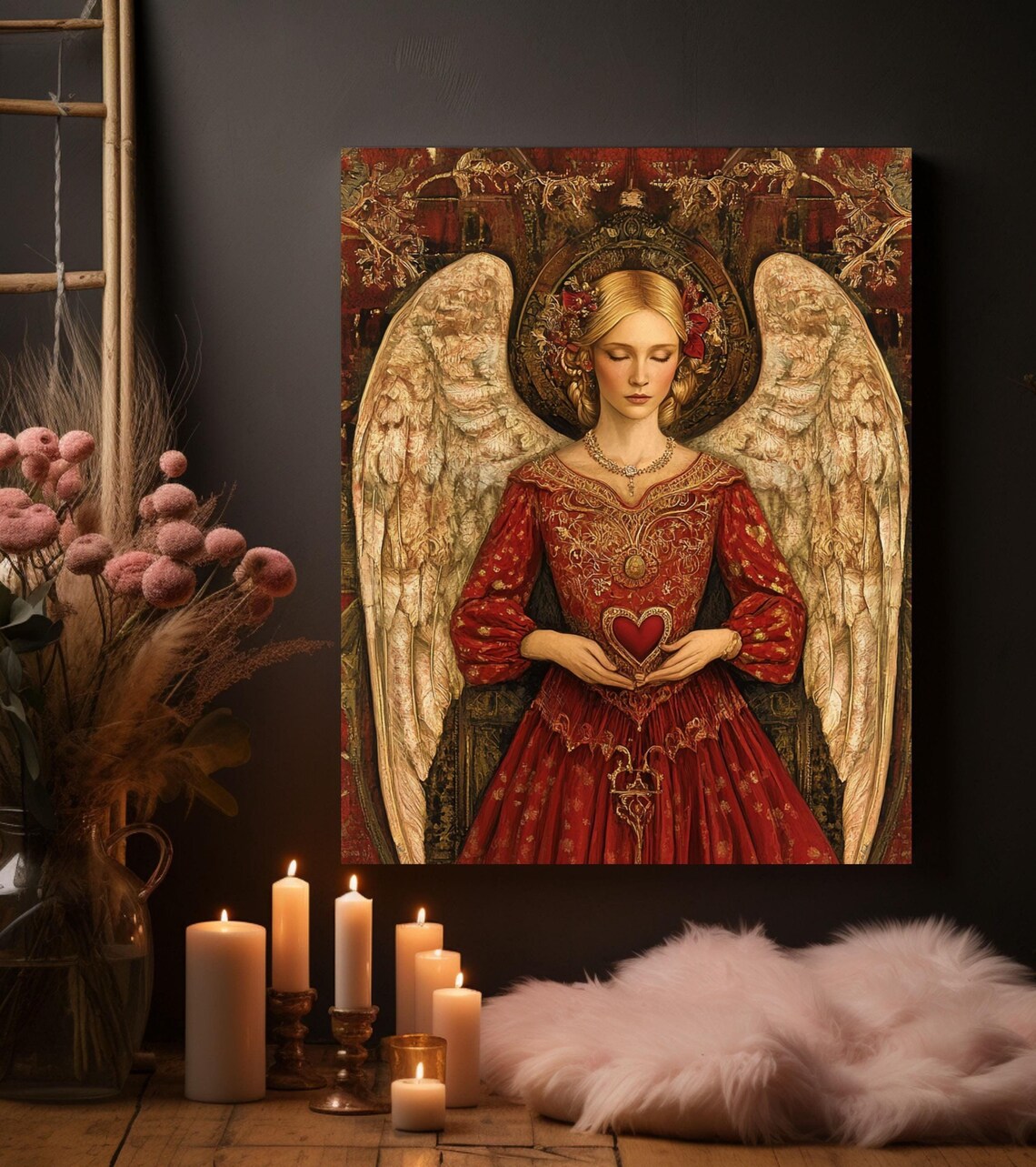 Valentine Angel in Red Gown Holding Heart Golden Wings Art Poster