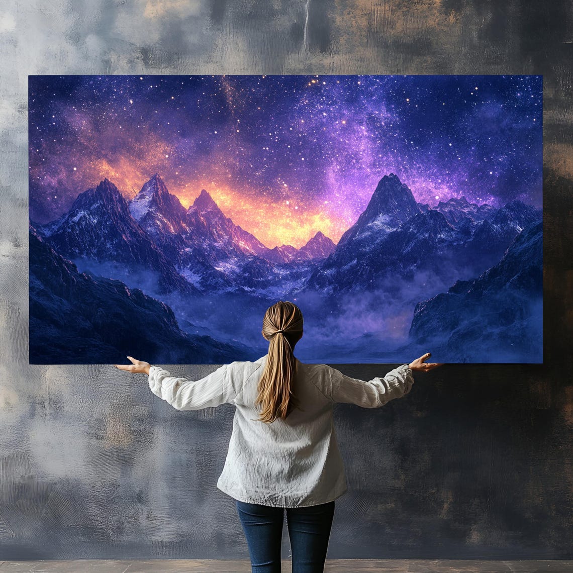 Purple Starry Night Mountain Peaks Panoramic Landscape Wall Poster