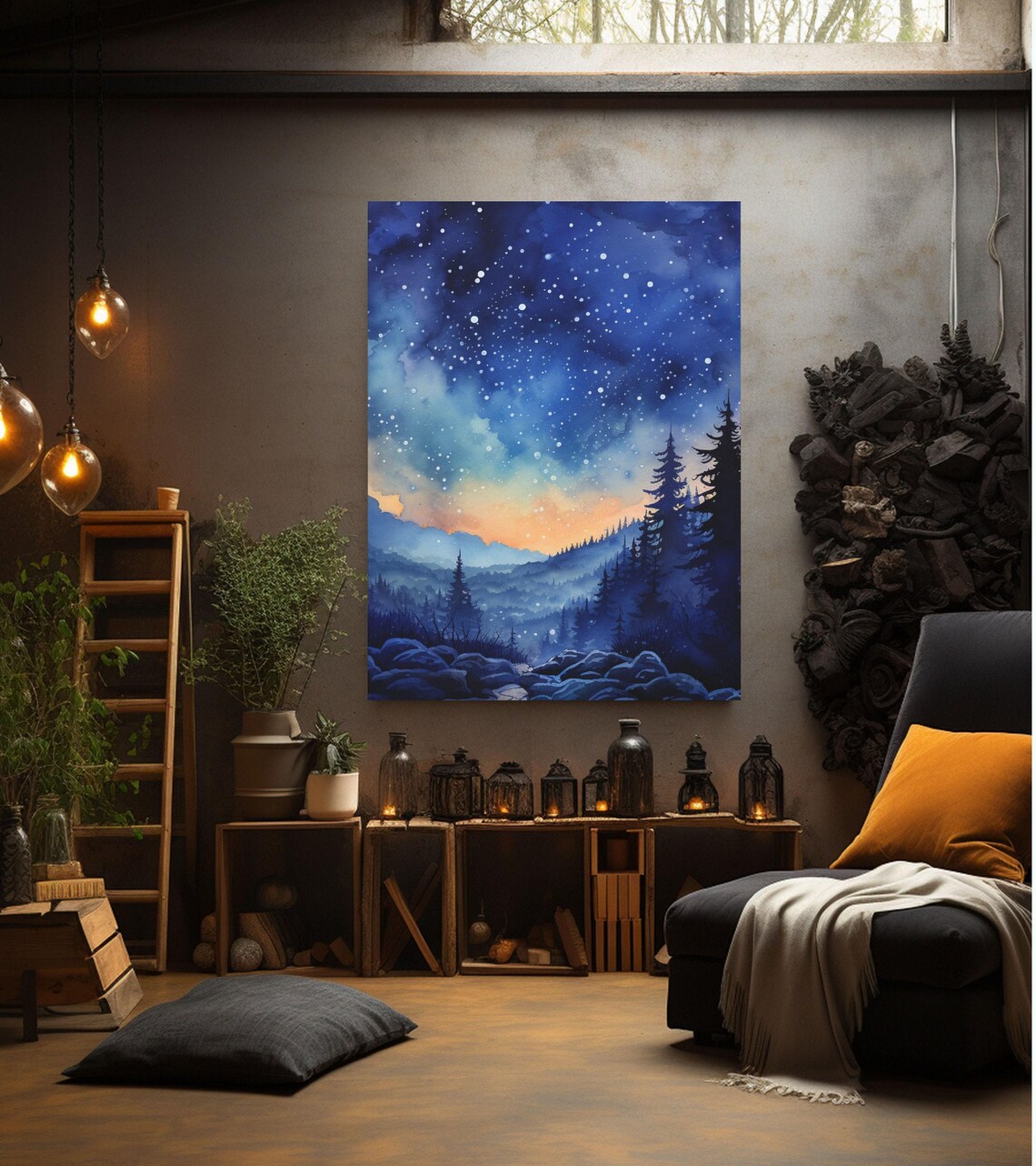 Night Sky Watercolor Art Appalachian Mountains Wall Decor Mystical Sky Wall Art Starry Night Sky Pine Forest - Image 4
