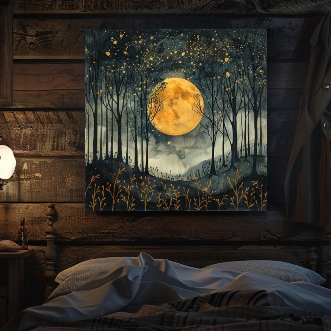 Gold Moon In The Forest, Mystical Night Sky Art Print - Image 3