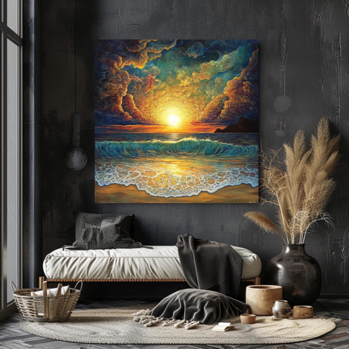 Golden Sunset Ocean Wave Swirling Clouds Seascape Art Poster - Image 2