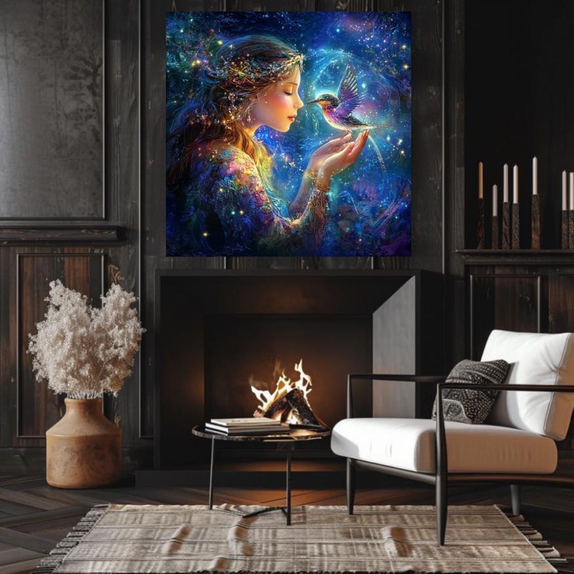 Woman Holding Glowing Bird In Cosmic Galaxy Night Sky Poster - Image 2