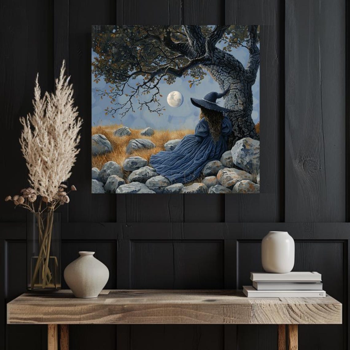 Blue Witch Resting Under Ancient Tree In Moonlit Field Poster - Image 2