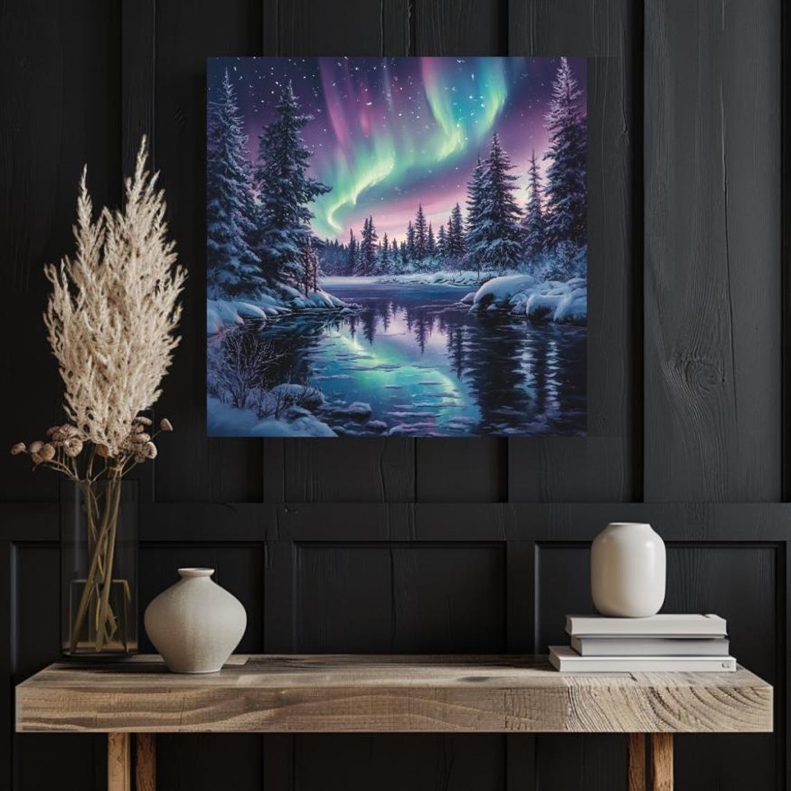 Aurora Borealis Over Snowy Pine Lake Colorful Night Sky Art Poster - Image 3