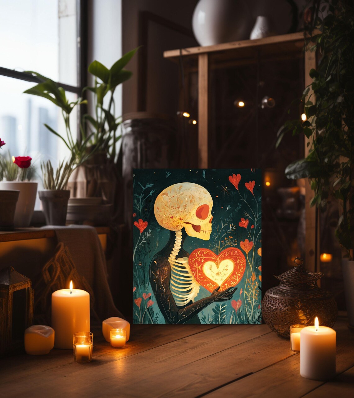 Skeleton Holding Glowing Heart Folk Art Dark Teal Love Poster - Image 3