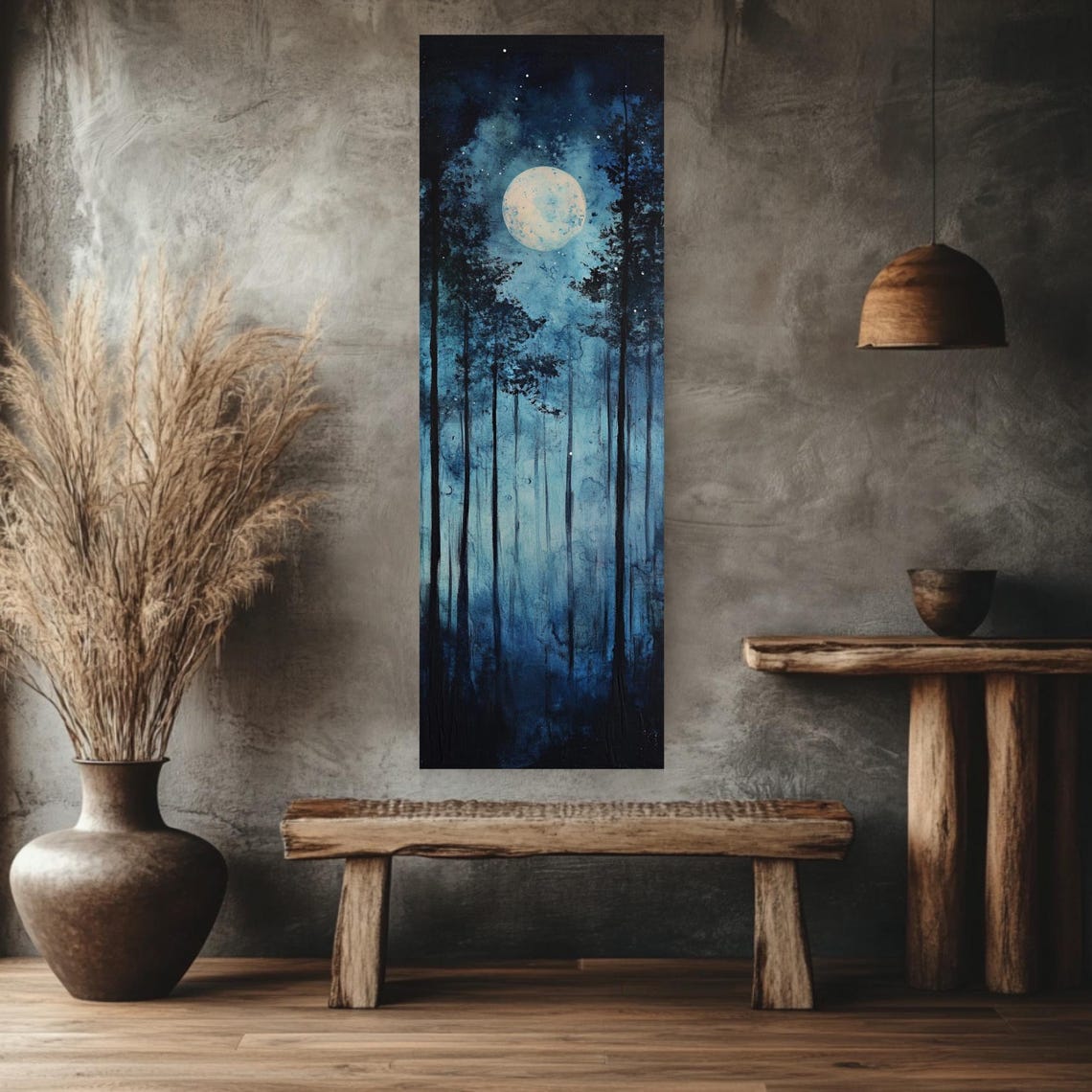 Full Moon Over Dark Pine Forest Tall Narrow Moody Blue Poster - Image 2