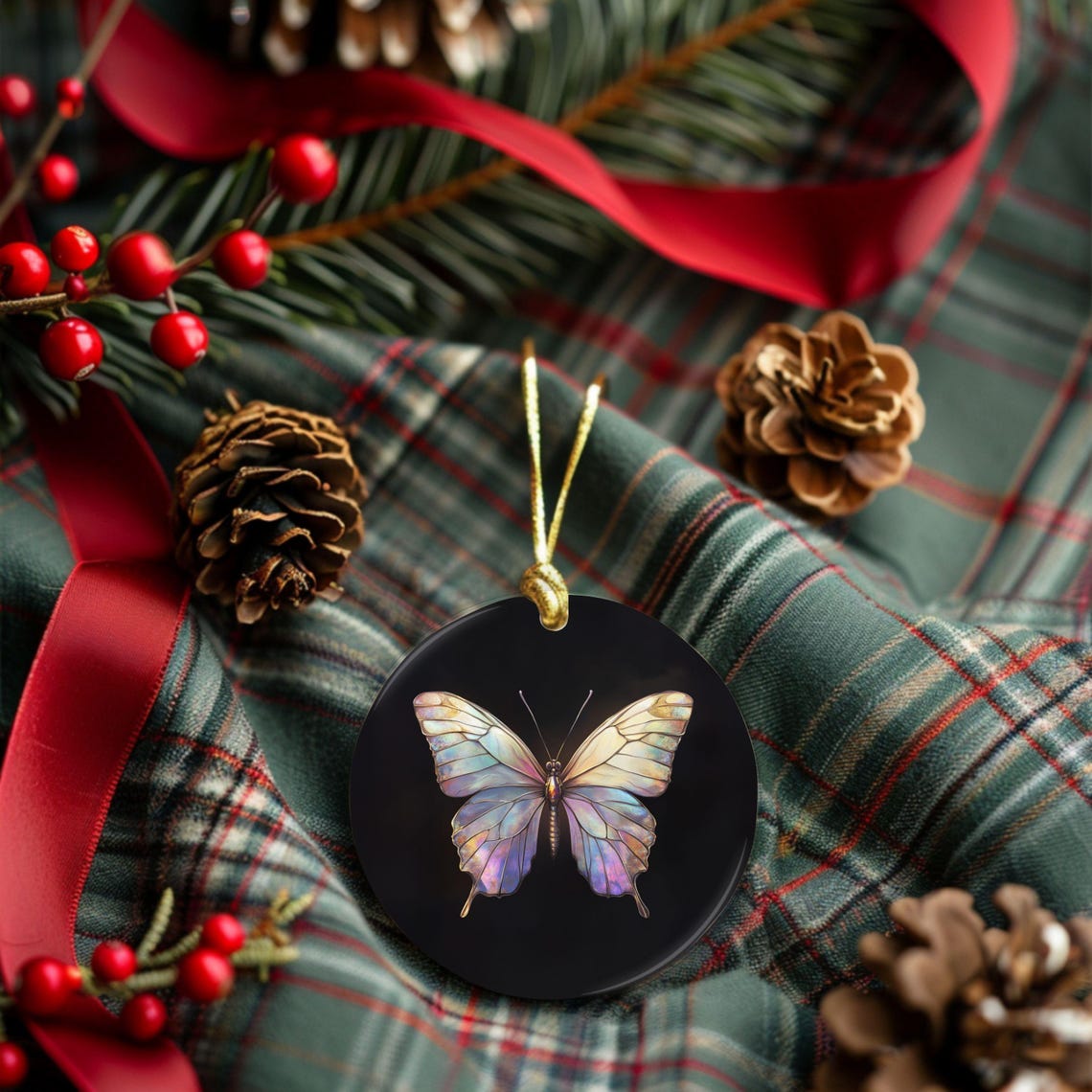 Iridescent Butterfly Ornament Double Sided Round Ornament With Gold String Vibrant Butterfly Print Holiday Hanging Decor - Image 2