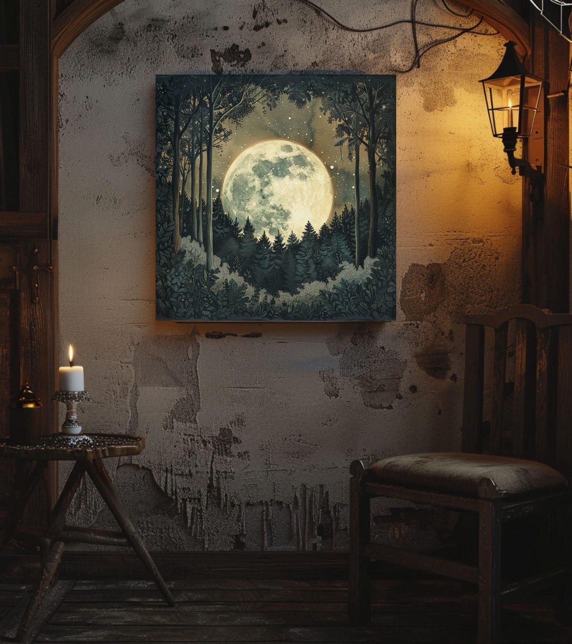 Giant Full Moon Over Starlit Forest Botanical Border Night Poster - Image 2